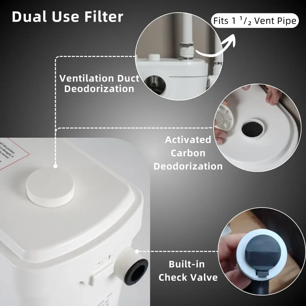 750W Macerating Toilet System with 4-Inlet, Durable Pump, Extension Pipe - Easy Install, Space Saving 6