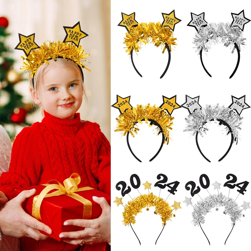 

1pcs 2024 Happy New Year Decorative Hairband Christmas New Year Party Kid's Gift Photography Prop Glitter Star Sequin Hairhoop