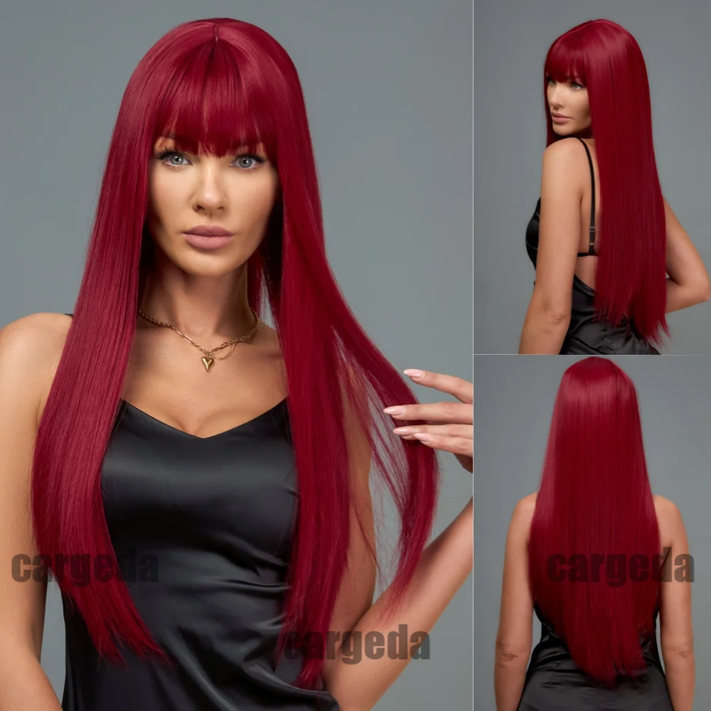 

Daily Wig Straight Hair Women's Bangs Wine Red Long Hair Natural Layered Slightly Curly Chemical Fiber Headgear