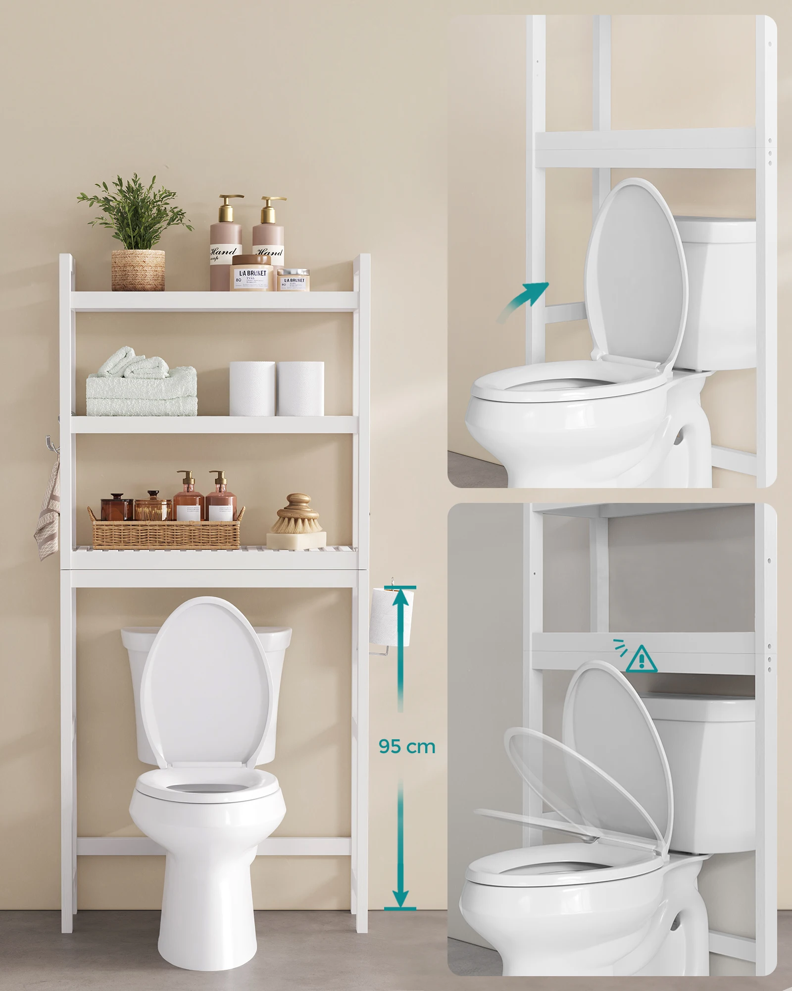 Unho Toilettenregal Aus Bambus  3 Fcher + 4 Haken, Freistehendes  Standregal Frs Badezimmer Regal Waschmaschine