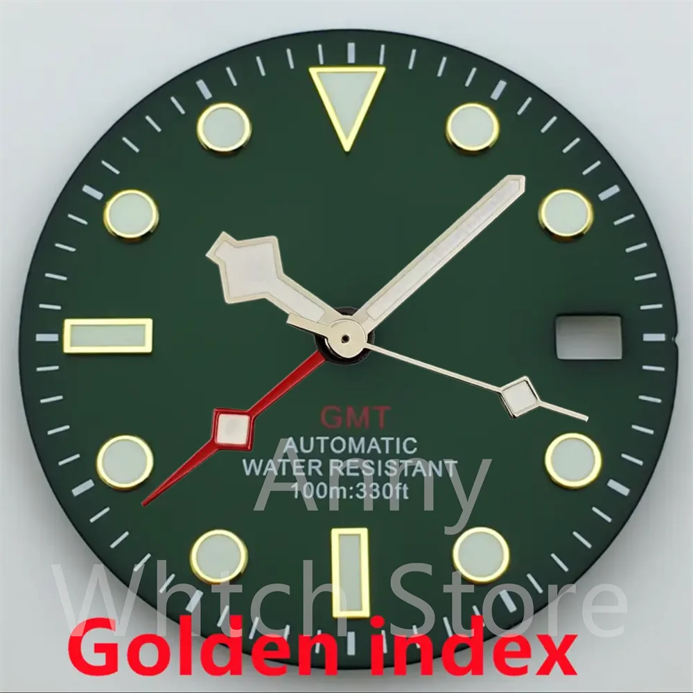 Green Luminous GMT Watch Dial with Four Hands - Premium 29mm Replacement Part