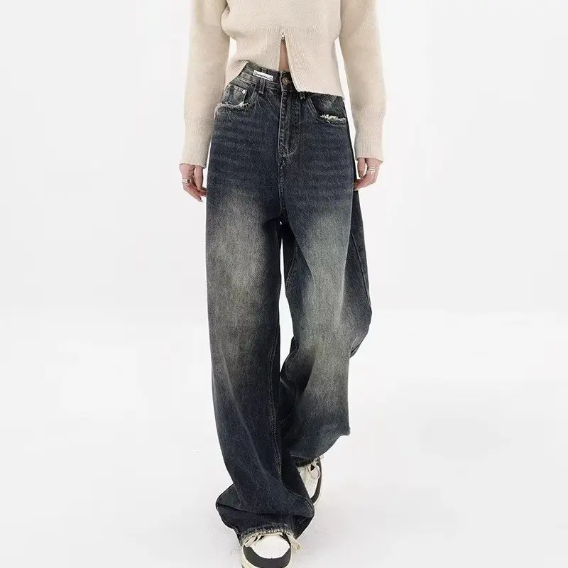 

American Retro Leopard Print Jeans For Women's Autumn Design Sense Niche Straight Tube Workwear Casual Pants Trend