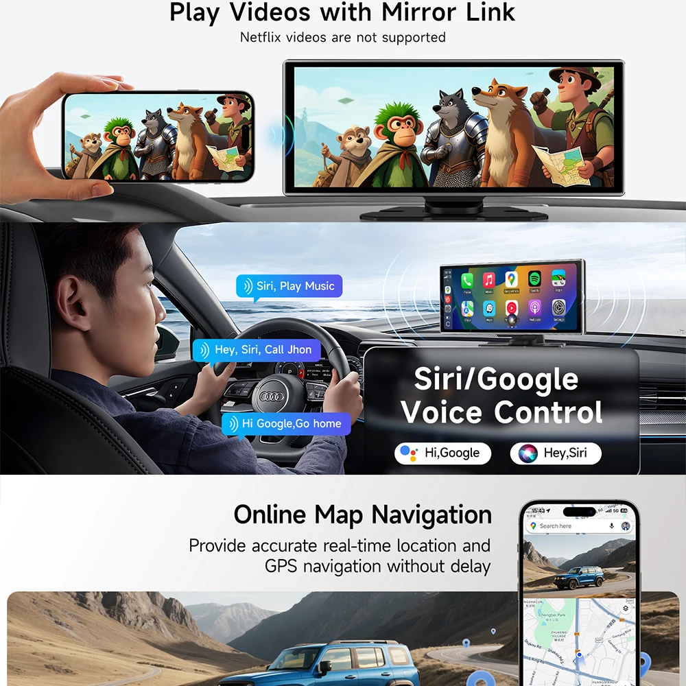11.26 Inch Portable Wireless CarPlay Screen Multimedia Video player Radio FM Compatible with Android Auto and Apple Carplay