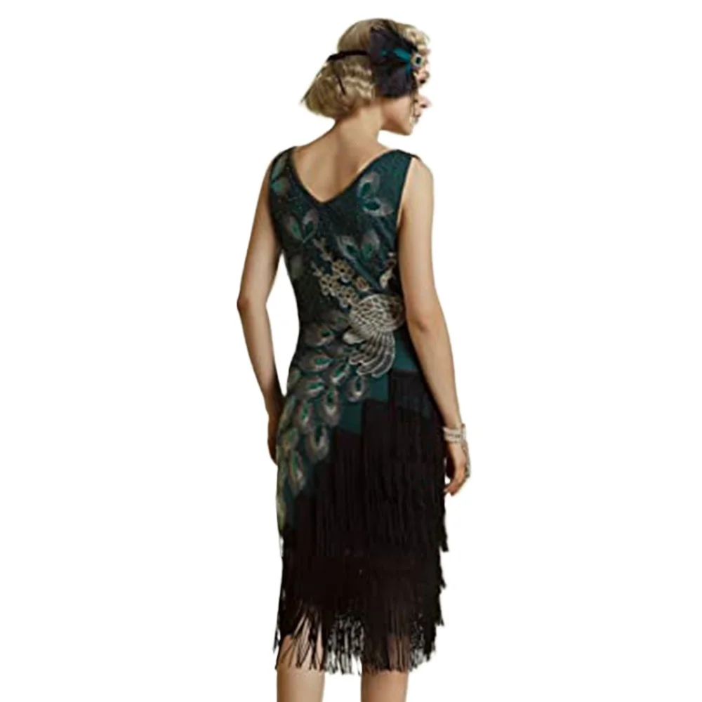 

Great Gatsby Fringed Flapper Dress Roaring 20s Party Vintage Peacock Sequined Dress Women 1920s Style Sequin Bead Tassel Dress