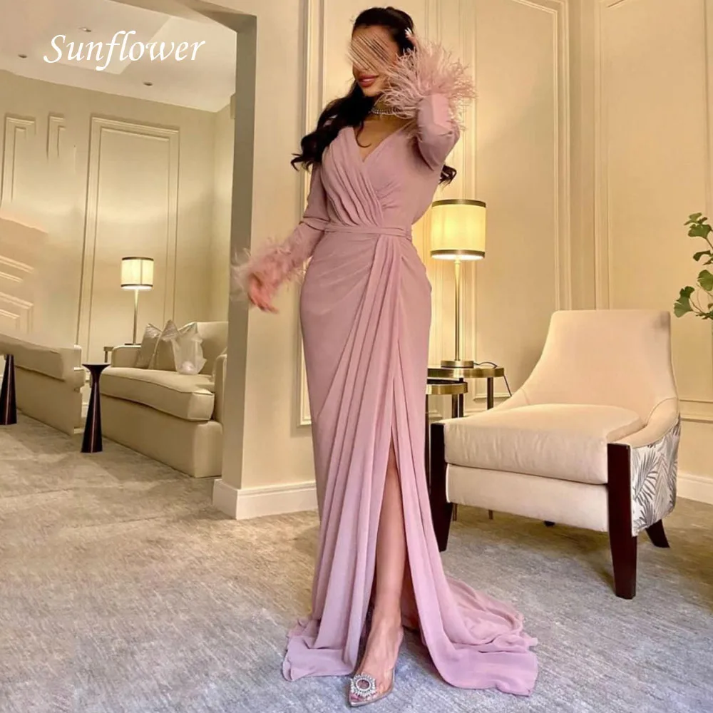 

Sunflower V-Neck Chiffon Mermaid Formal Evening Dress 2023 Slim Feathers Long Sleeve Floor-Length High-end Custom Prom Gowns