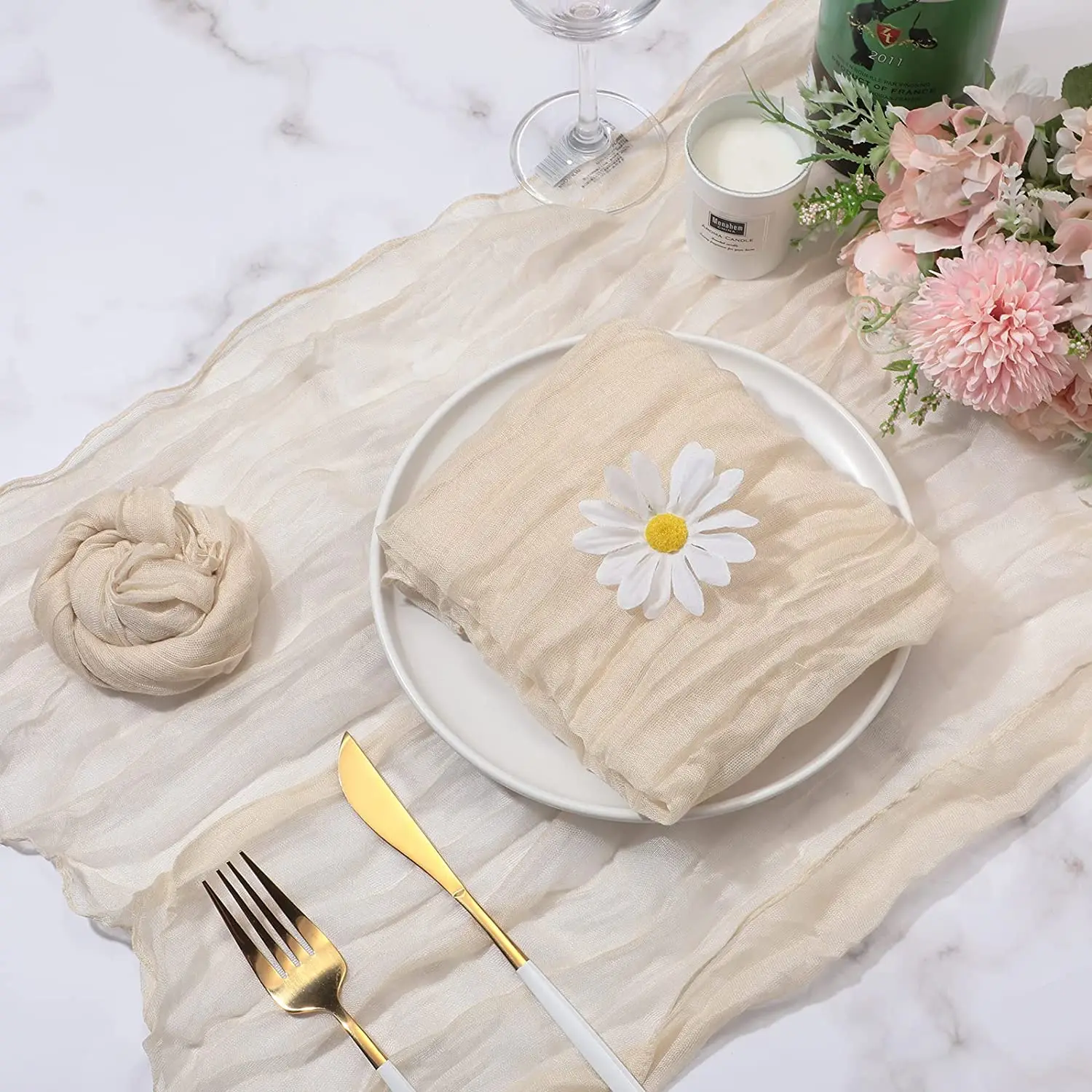 Description Picture 6 of item10PC Dark Green Gauze Cheesecloth Wrinkled Napkin Dinner Soft Cotton Table Decorative Cloth for Wedding Party Banquets Christmas