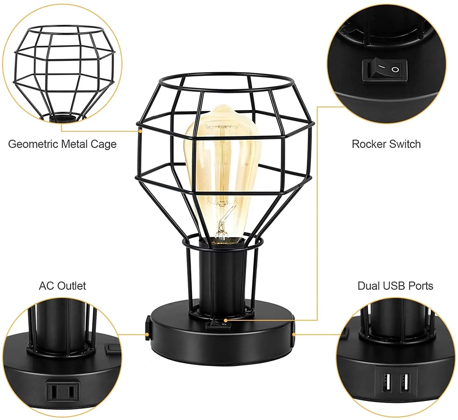 Industrial Table Lamp Small Desk Lamp with USB Charging Port Vintage with Outlet for Bedroom Living Room Nightstand 2 Sets