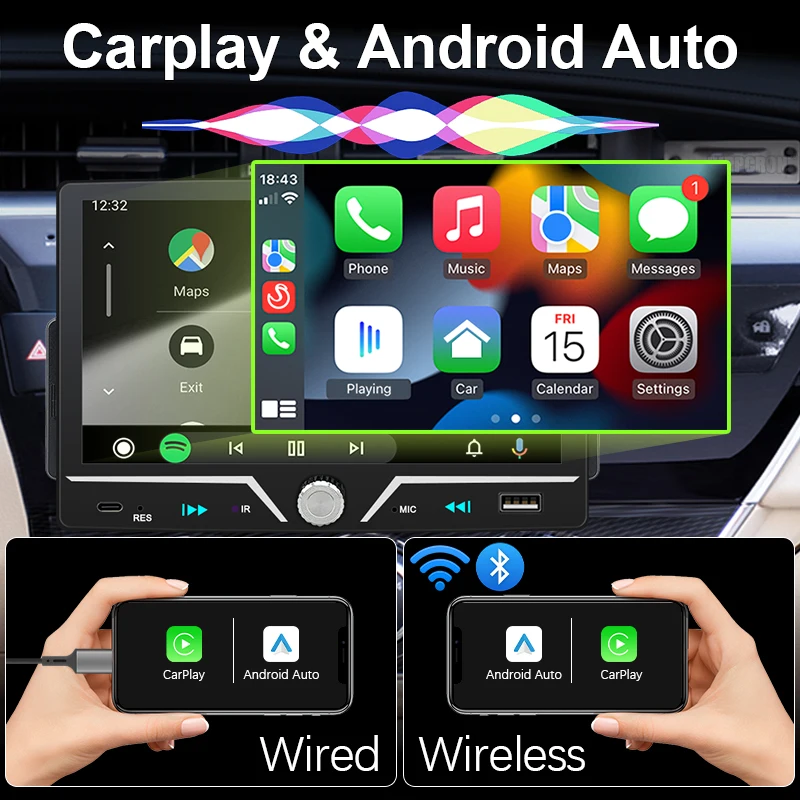 7" Car Radio Wireless/Wire Carplay Android Auto 1Din HD Touch Screen Bluetooth U