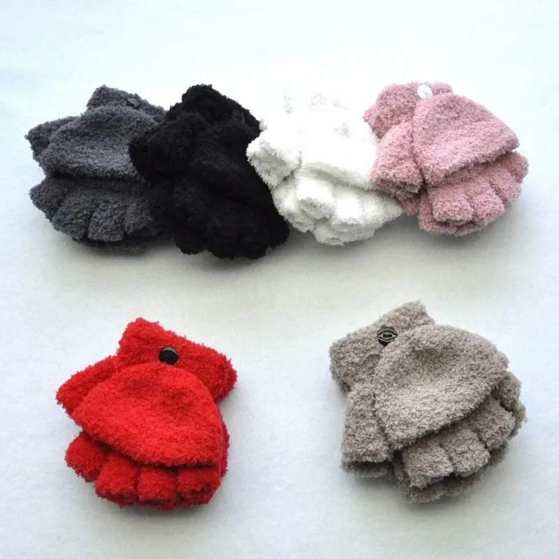 Baby Girls Baby Boys Cashmere Gloves 5-11years Kids Winter Warm Coral Fleece Thick Half Fingered Flap Mittens