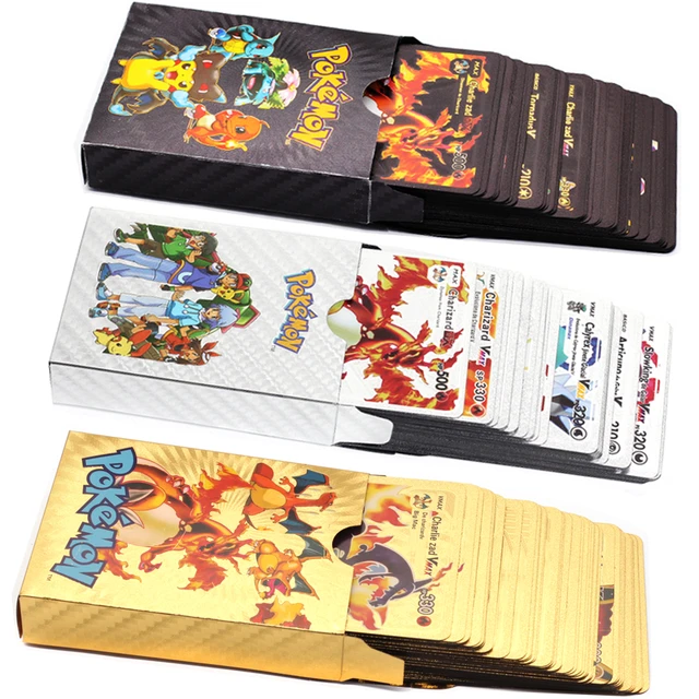Compra online de Francês/inglês/espanhol metal pokemon cartões 55 pçs/caixa  ouro prata preto batalha trainer cartão de energia brinquedos para adultos  crianças presente