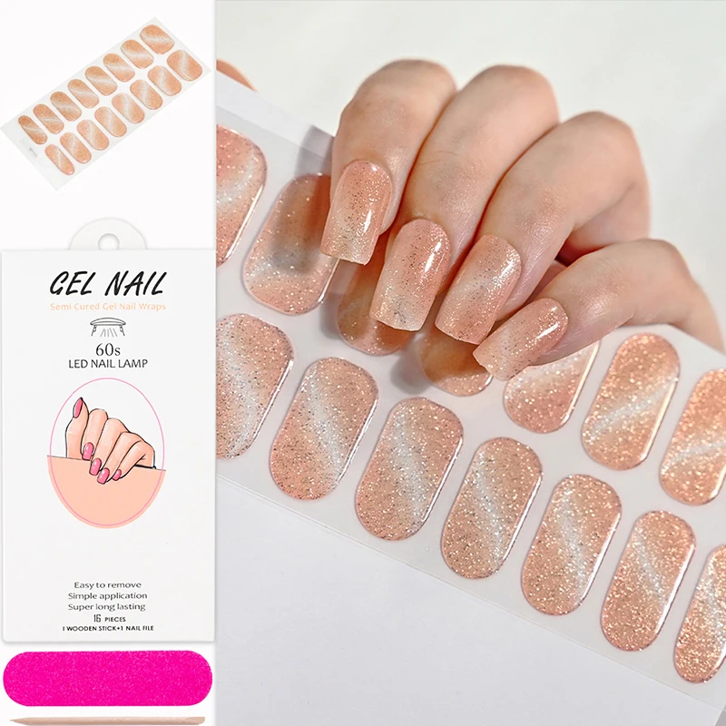 16Tips Soild Color Nude Pink Semi-Cured Gel Nail Sticker Long-Lasting UV Nail Sticker Full Cover UV/LED Extension Gel Nail Foil 5