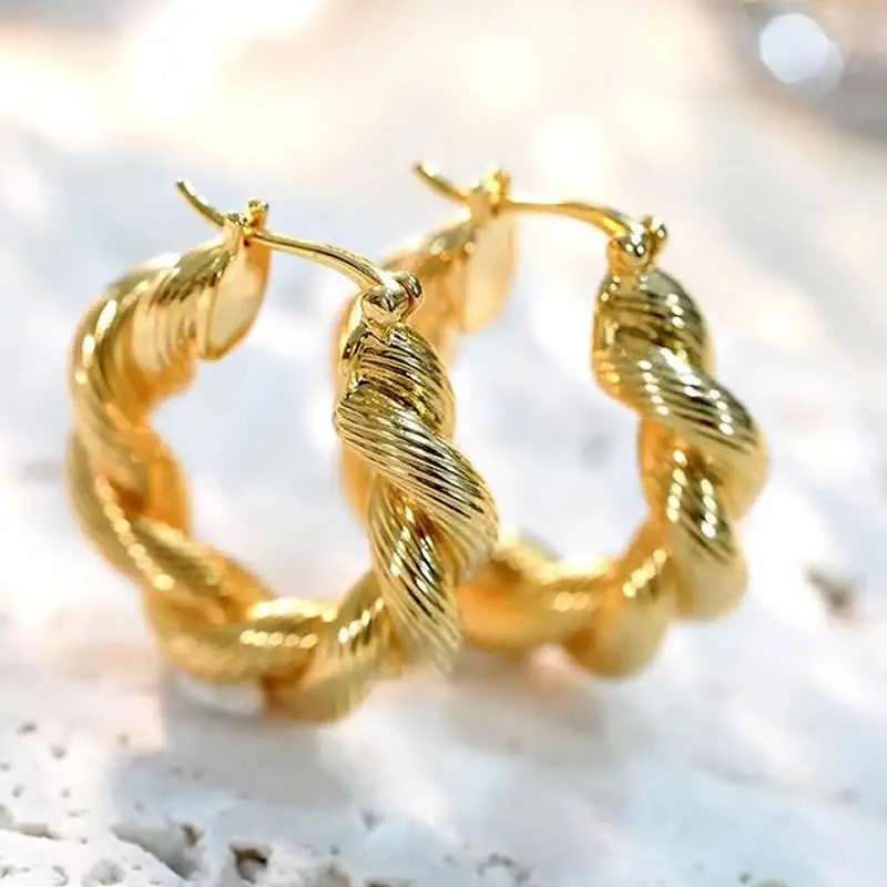 18K Yellow Gold Earrings Fried Dough Twists AU750 Rope Hoop Earrings For Women 5g