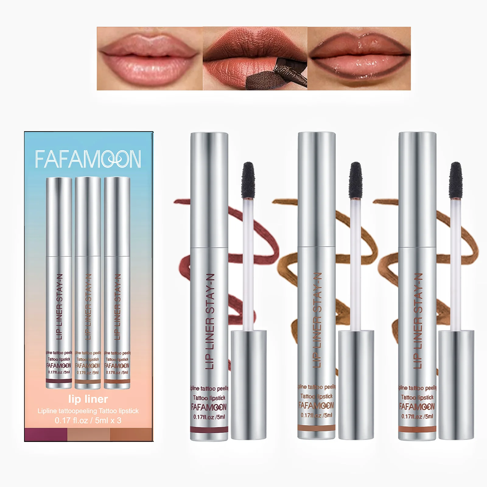 FAFAMOON 3 colors/set  outline the lip shape to show lip color waterproof and sweatproof non-smudging peel-off lip liner set 6