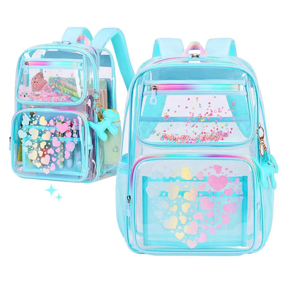 Transparent Backpack for School Waterproof Backpack with Love Heart Prints Main Compartment Front Zipper Pockets for Boys Girls 3