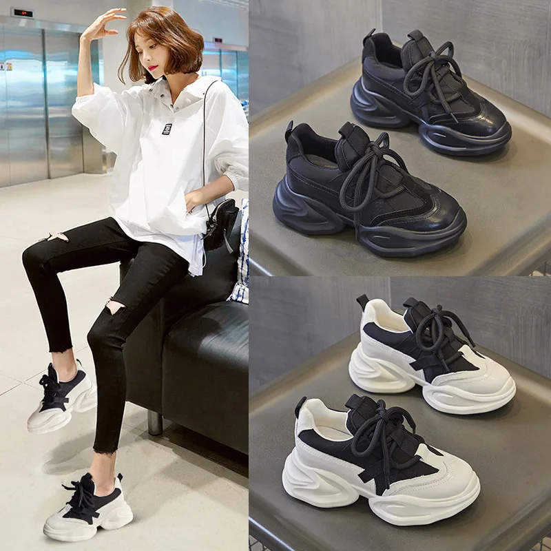Women's  8cm Leather Air Mesh Platform Sneakers - true deals club