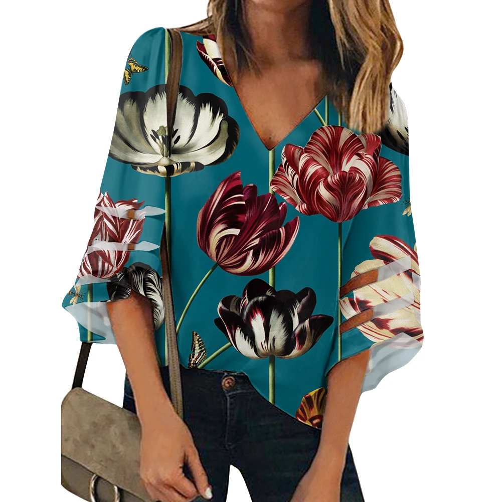 

Шифоновая рубашка с V-образным вырезом, голубая рубашка с цветочным и растительным принтом, Женская Повседневная пикантная блузка в полинезийском стиле, рубашка с расклешенными рукавами