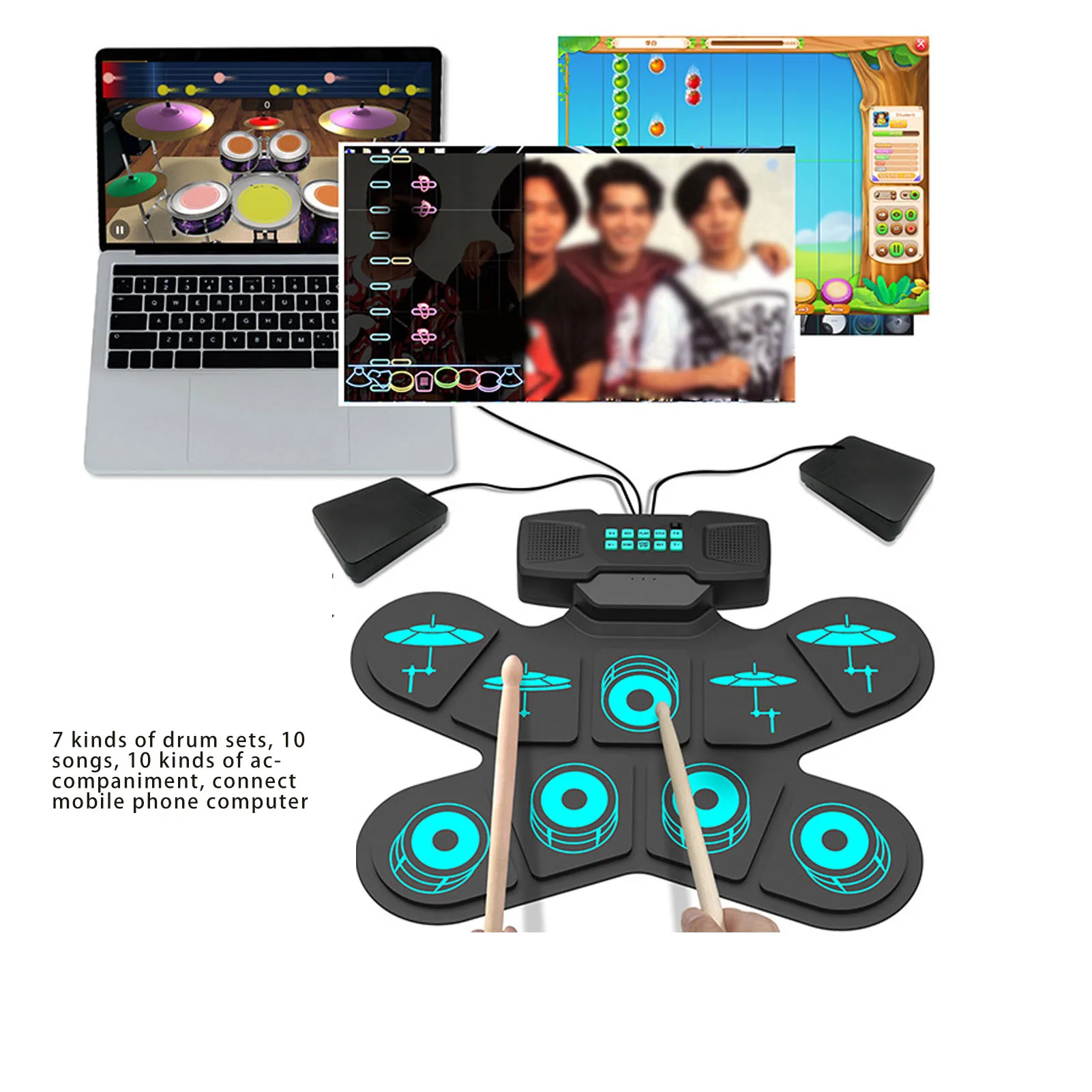 Electric Drum Pad Set Kids 9 Pads Roll Up Practice Tool with Sticks Headphone Jack Speaker Pedals Electric Drum Pad with Sticks