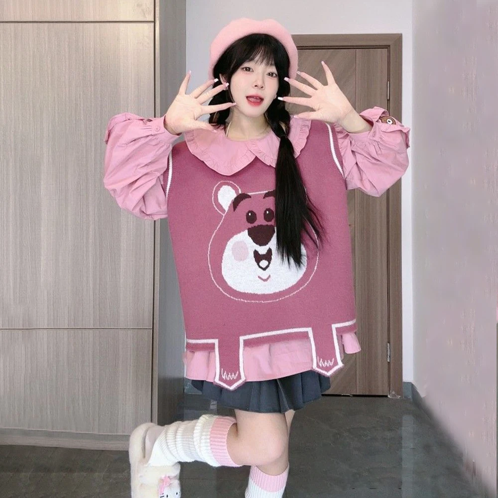 

Kawaii Girly Strawberry Bear Knitted Vest New Autumn Winter Women's Cartoon Anime Sweet Cute Loose Versatile Round Neck Warm Top