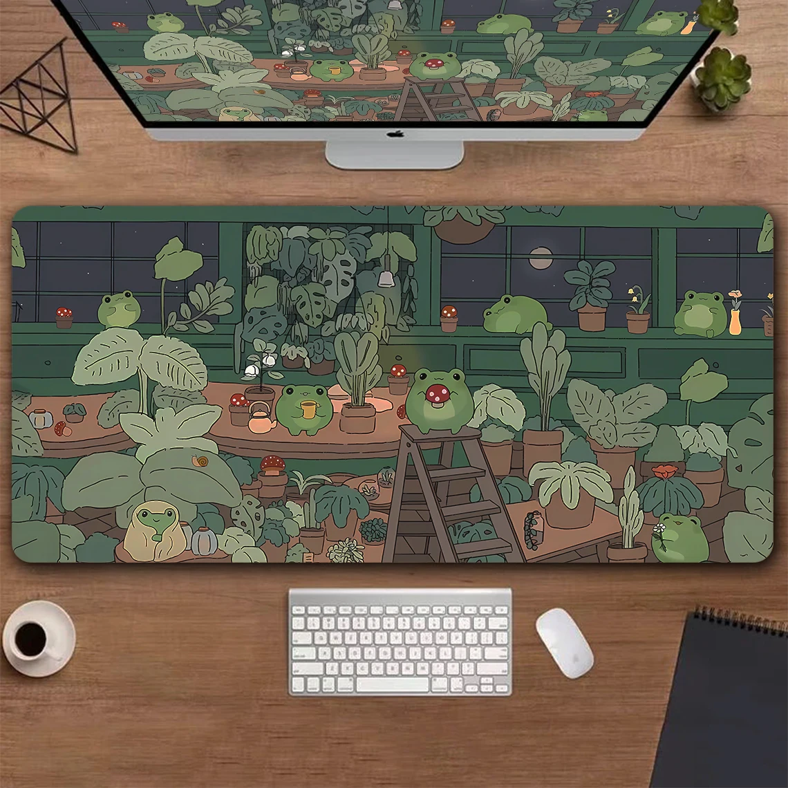 Tapete de Mesa Sapos Kawaii Grande Jogo Mousepad Fofo Mouse Pad Anime Cozi Lofi Estético Planta Natureza Verde Deskmat Estendido xl
