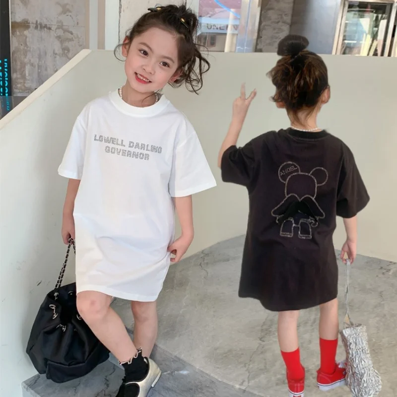 

Children Dress 2023 Summer New Wings Letter T-shirt Dress Girls' Casual Loose Dress 2-9Year Kid's Dress