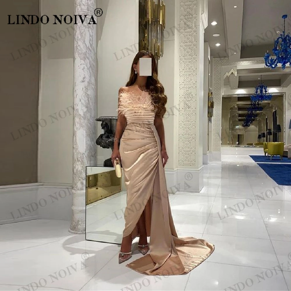 

LINDO NOIVA Champagne Sleeveless Prom Dresses Feather Side Slit Evening Dress Strapless Formal Party Gowns Vestidos De Festa