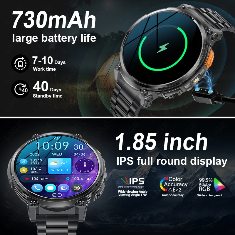 LIGE 1.85"HD Screen Outdoor Sport Smartwatch Men Heart Rate Flashlight Watch 730mAh Battery Waterproof Wireless Call Smart Watch 2
