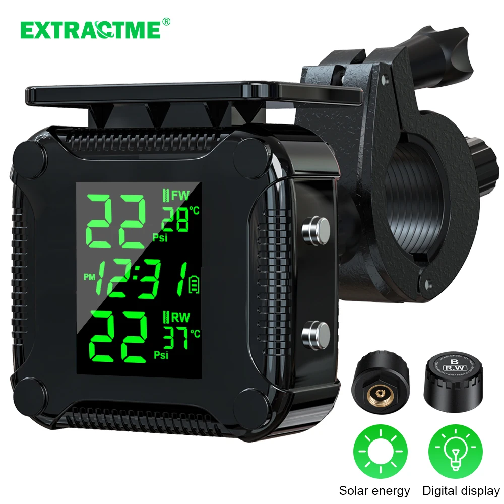 Extractme Tire Pressure Monitoring System Colorful Display Wireless TPMS Motorcycle Solar Charge Tyre Temperature Alarm Sensor motorcycle tire pressure monitor