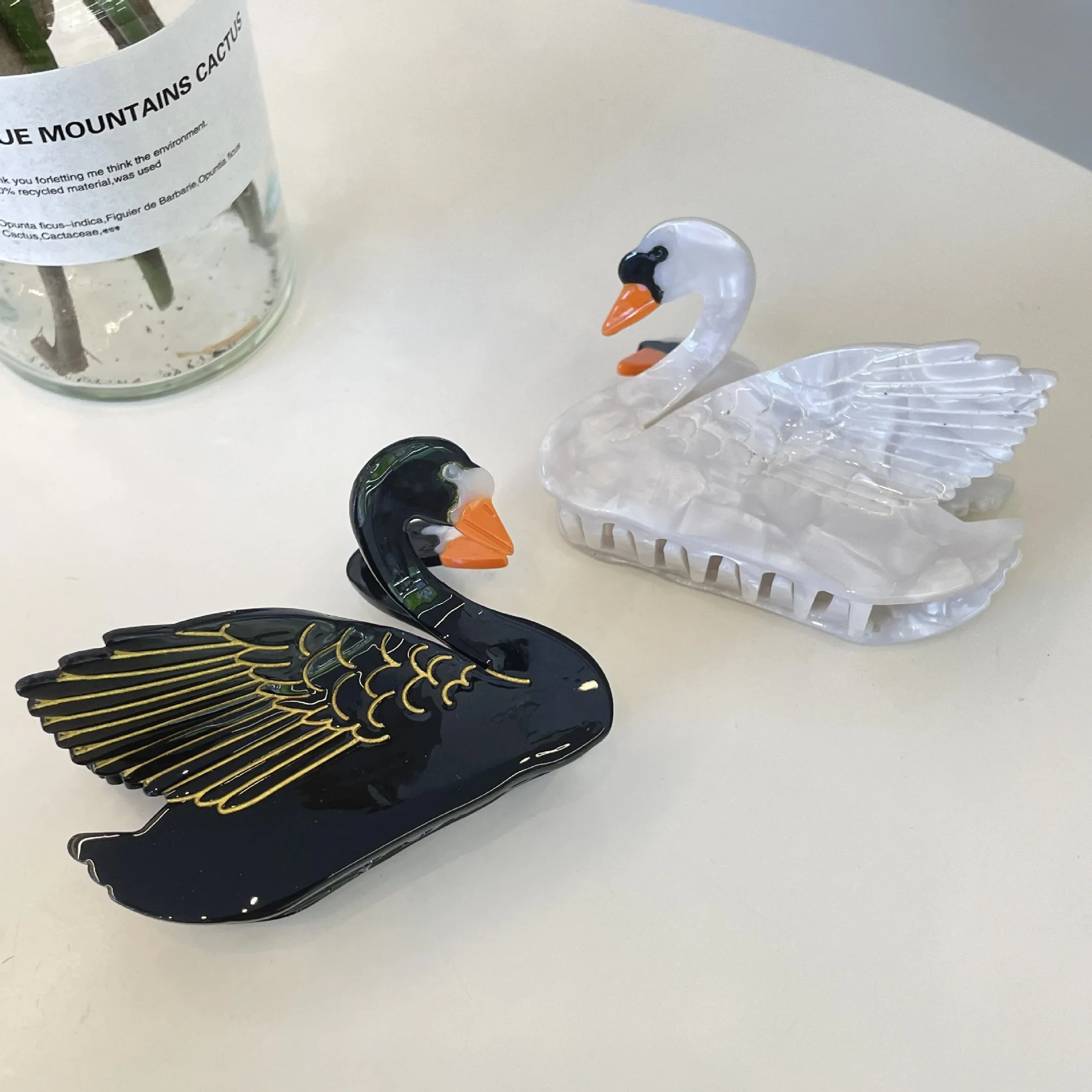 Damen-Clip, Vogel-Acetat-Clip, schwarzer Schwan-Clip, Leopardenmuster, Vogel, Tier, Papagei, Haar-Accessoires, einfache, lustige Hai-Clip-Mode_voghion.com