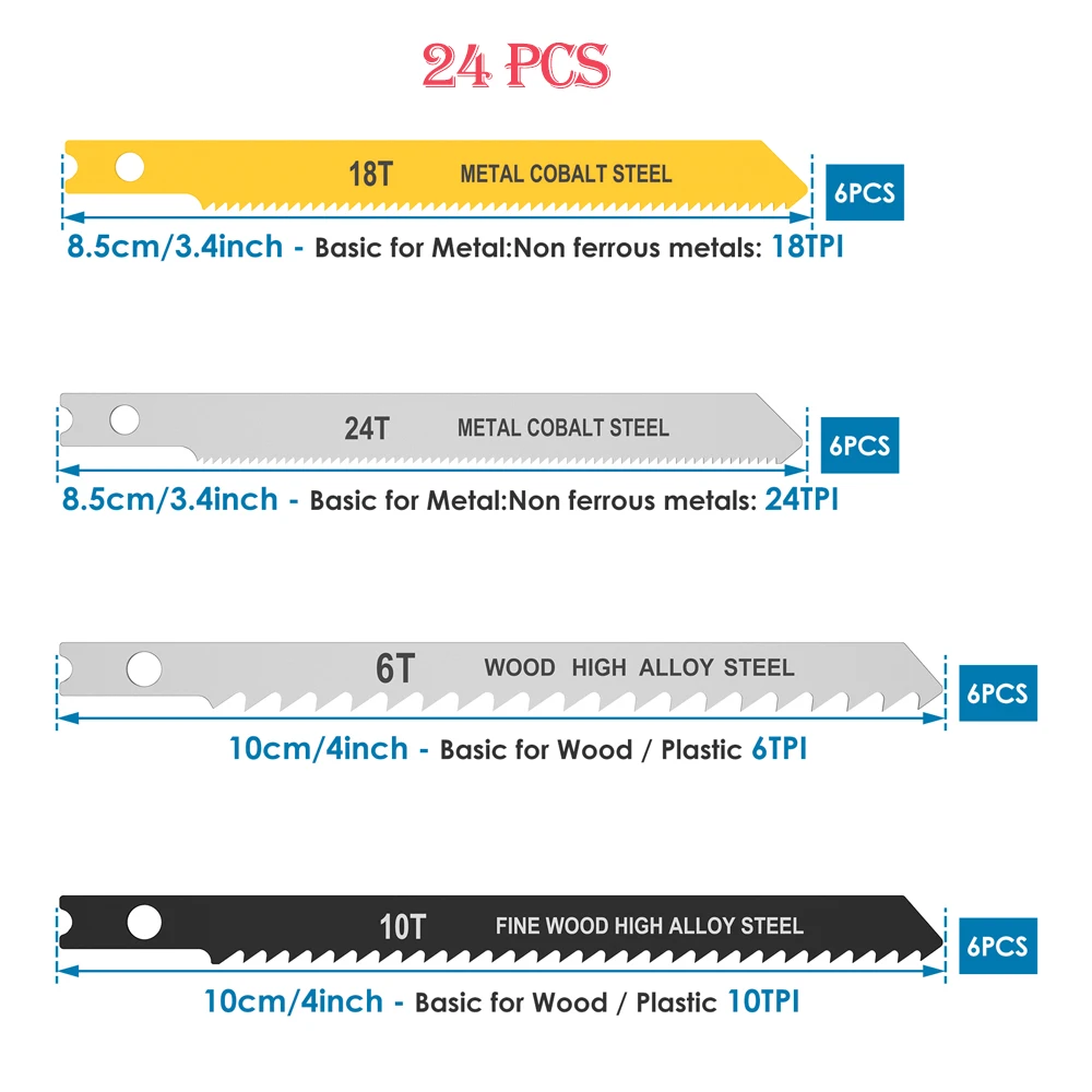 고탄소강 U 생크 톱날 키트, 목재 및 플라스틱 절단 톱날, 수공구, HCS 8/10TPI 또는 6TPI-24TPI, 24/50 개