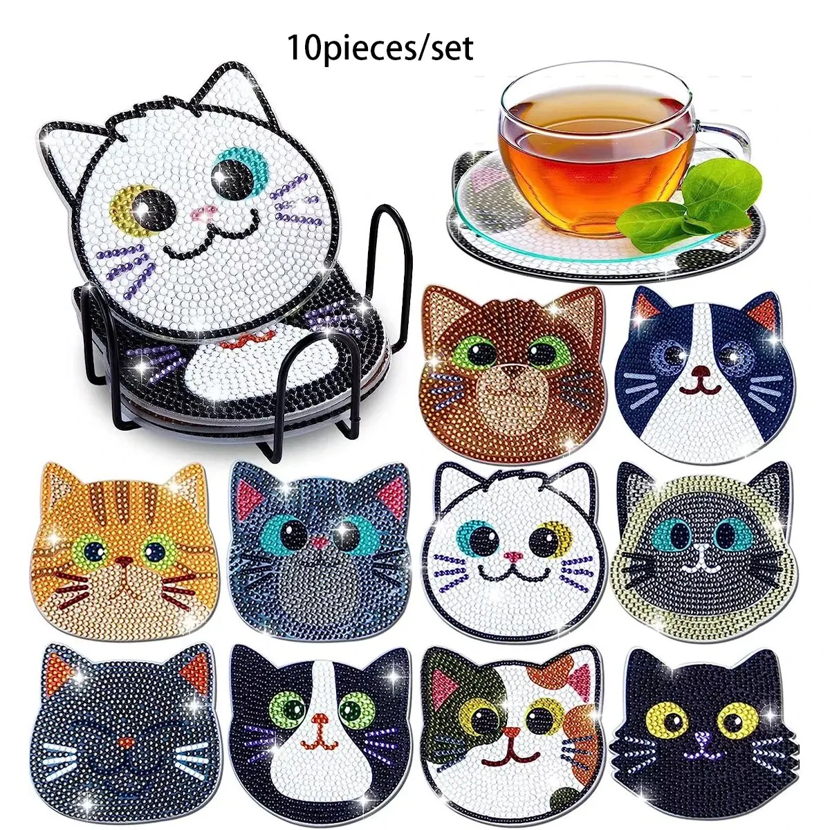 10-Piece DIY Cartoon Cat Diamond Painting Coaster Set, 10cm Round