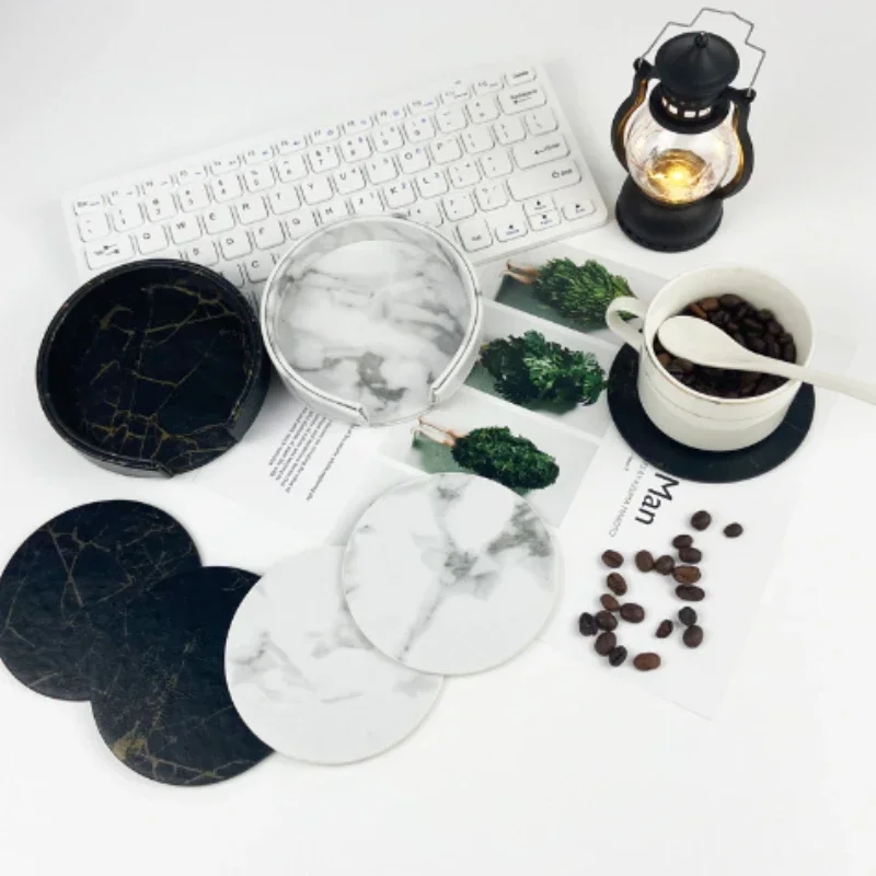 6pcsMarble Coaster Artificial Leather 10cm Oil and Water Resistant Heat Resistant With Base Double Sided Leather Coffee Coasters
