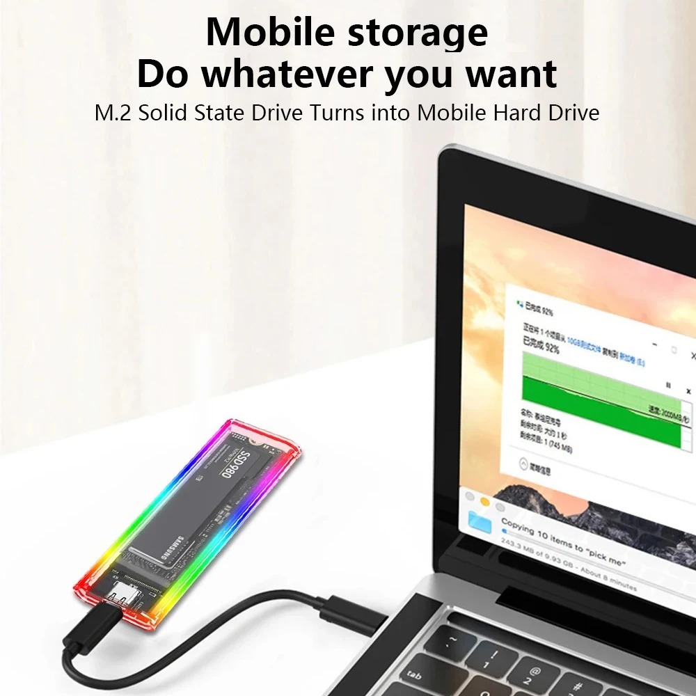 SSD Enclosure RGB M2 NVMe PCIE M.2 NGFF SATA 10Gbps M.2 to USB Transparent For M Key M&B Key
