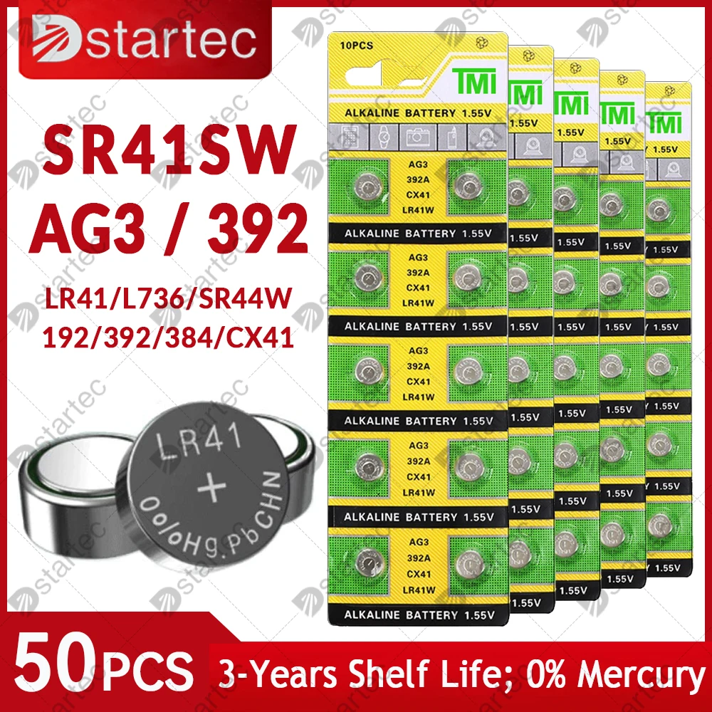 Dstartec 50Pcs Ag3 Batteria A Moneta Lr41 392 192 Batteria Alcalina A Bottone A Bottone 1.55V Sr41Sw L736 Cx41 Per Orologi Giocattolo Senza Mercurio
