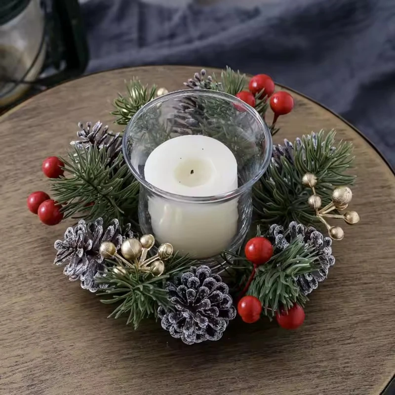 Christmas Candle Ring Artificial Pine Needle Pinecone Berries Garland New Year Party Home Table Decoration Candle Wreath Gifts