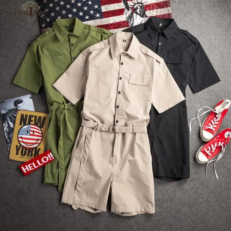 Summer Solid Casual Men's Jumpsuit Safari Style Men's Sets Single Breasted Lapel Short Sleeved Lace Up Shorts custom jumpsuit fitness bodysuit playsuit summer men zipper short sleeve rompers pants diy your own design streetwear loose sets