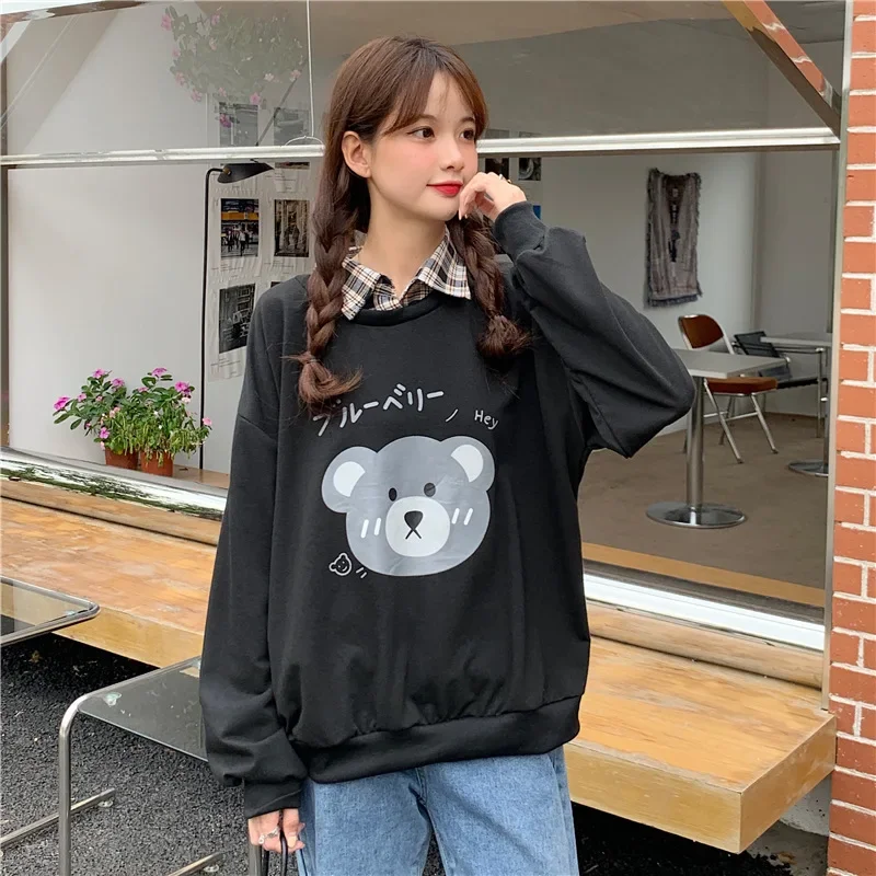 Teddy Bear Fake Two Piece Women Sweatshirts Spring Autumn Cute Cartoon Long Sleeve Lapel Pullover Preppy Style Green Sweatshirts