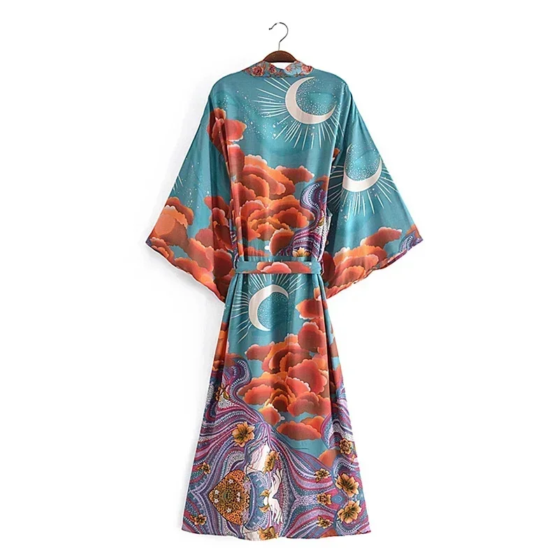 Boho Queens 여성용 스타 꽃 프린트 박쥐 소매 비치 보헤미안 기모노 드레스 로브, V넥 비키니 커버 업, 여름
