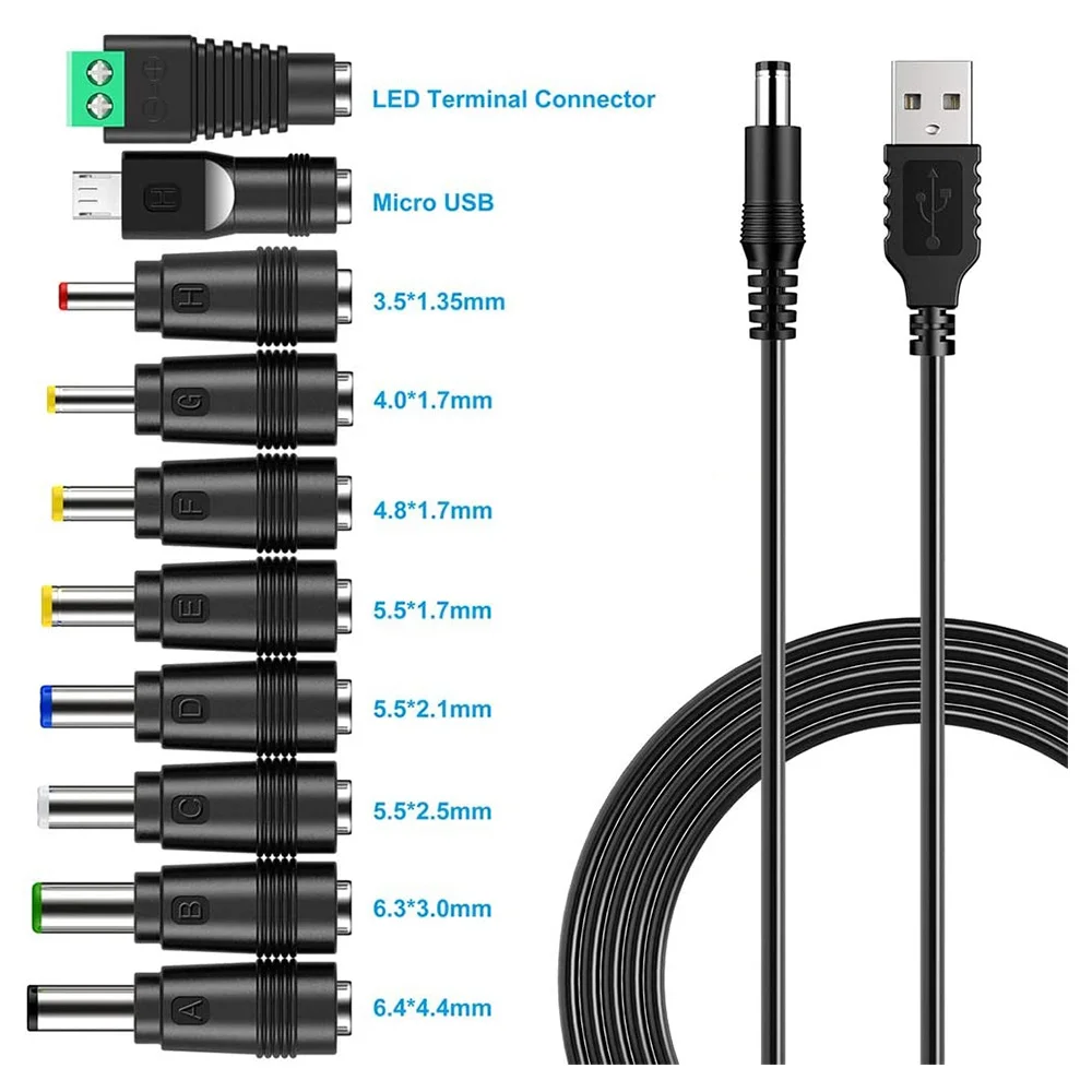 B02B-USB To DC Power Cable Universal USB To DC Jack Charging Cable Power Cord with 10 Interchangeable Plug Connectors Adapter