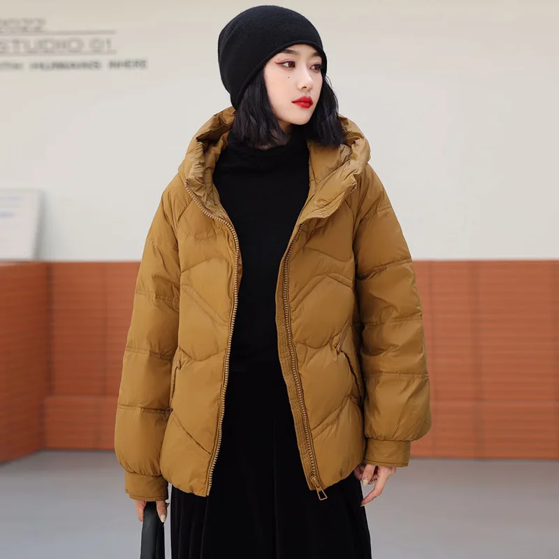 thumbnail image 1 of Abrigo de otoño e invierno nuevo para mujer, abrigo corto con capucha de plumón de pato blanco, versión coreana de chaqueta acolchada suelta de color sólido, 1 of 5