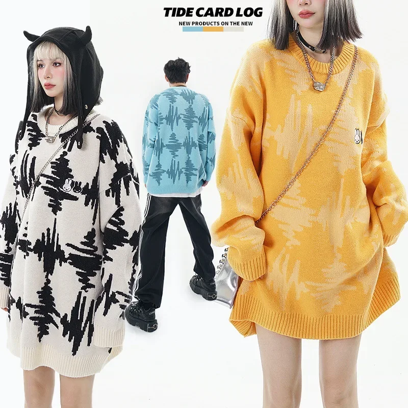 TIDE CARD LOG| American street tide hand-painted graffiti Dopamine couple round neck loose knit tide brand sweater cztop street vintage fashion fog rrr123 graffiti letter printing high street style pullover round neck loose casual sweater