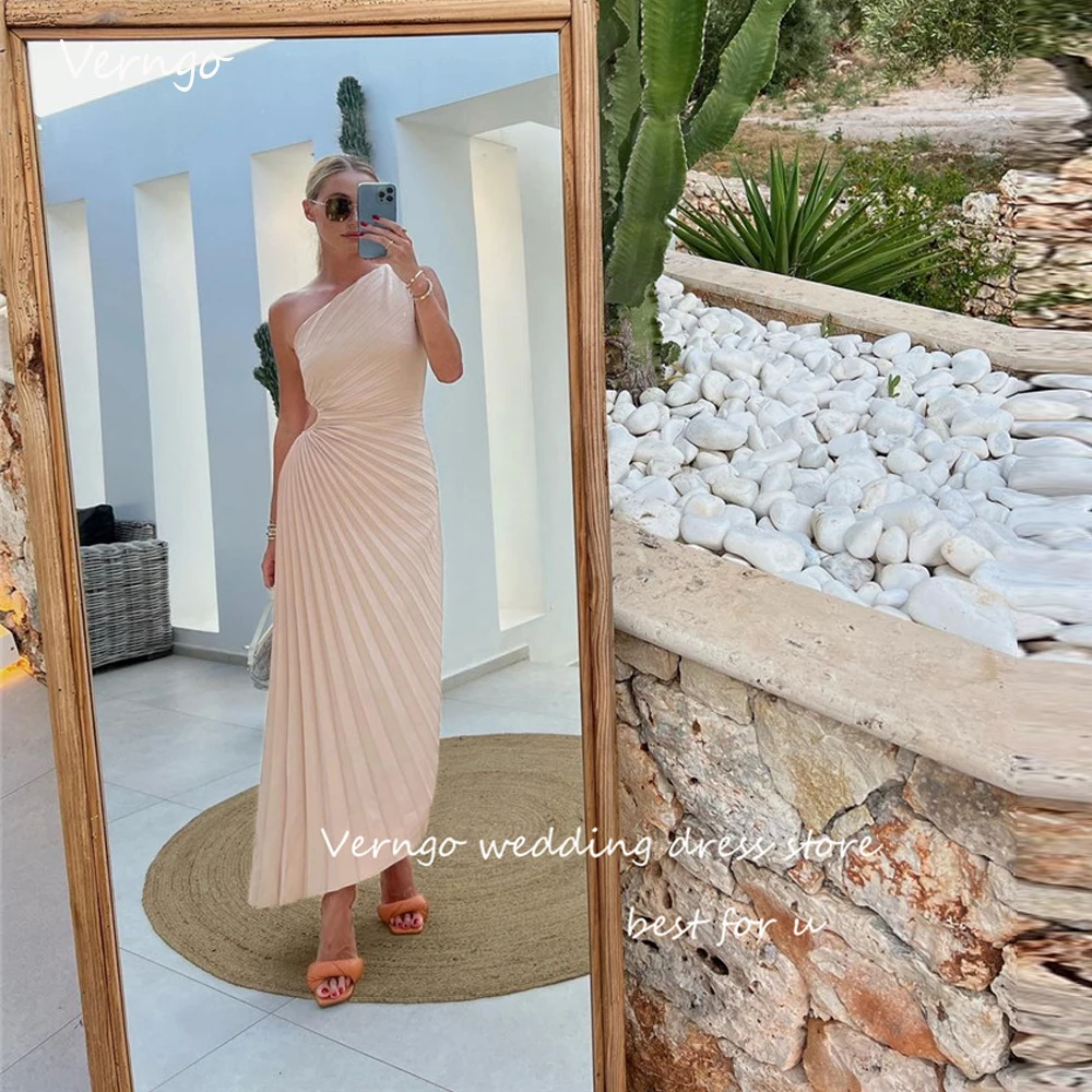 

Verngo Elegant Pleats Evening Party Dresses One Shoulder Cut-Out Waist Prom Dress Asymmetric Ankle Length Event Formal Gowns