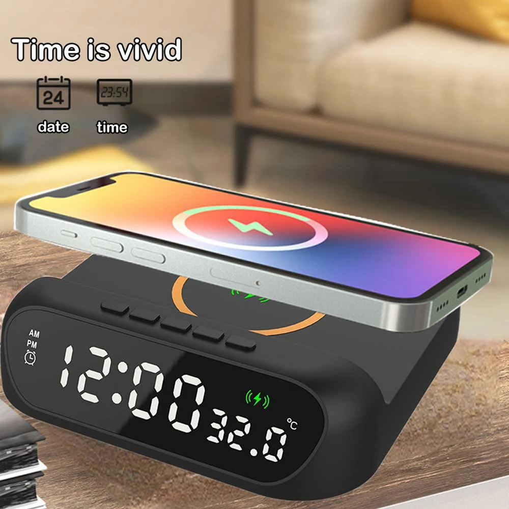 

15W Fast Wireless Charger Alarm Clock For iPhone 8 11 12 13 Pro Max Mini/Samsung S21/Xiaomi Type C Desktop Clock Charger Station