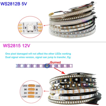 LED 스트립 테이프 주소 지정 가능한 픽셀 IC 5050 RGB 라이트, 매직 램프 바, IP30 65/67, m당 30, 60, 74, 96/144 LED, 5V, WS2812B, WS2812, 12V, WS2815