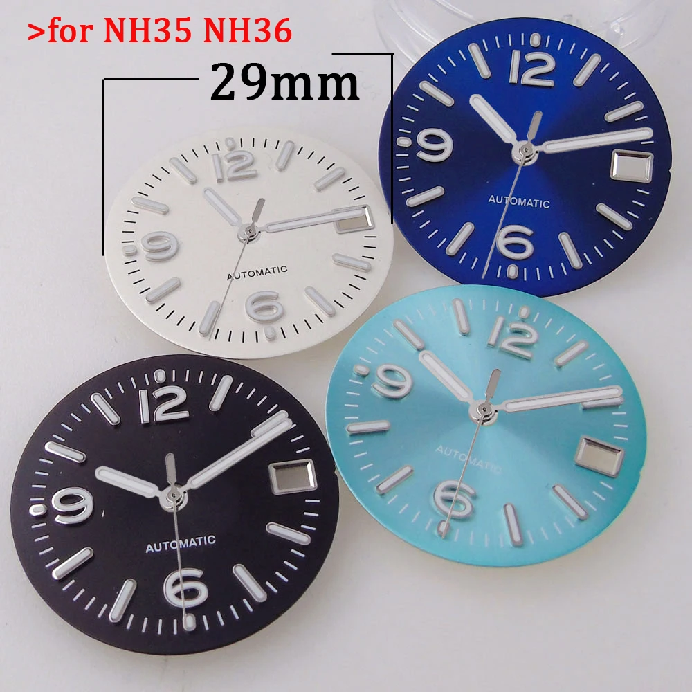 

29MM Pilot Watch Dial Face for NH35 NH36 Dive Watch Mod Parts Silver Hand set Date Window Sterile Dial Plate Green Luminous