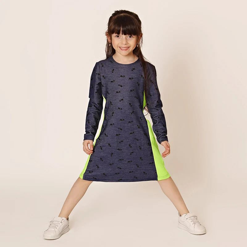 Aa-Mädchen Kleid Familie Set Sommer Kurz-und Langarm Kleider blau Denim Baumwolle/gerippt Mädchen Kleidung Seite neongrün Outfit Kleid
