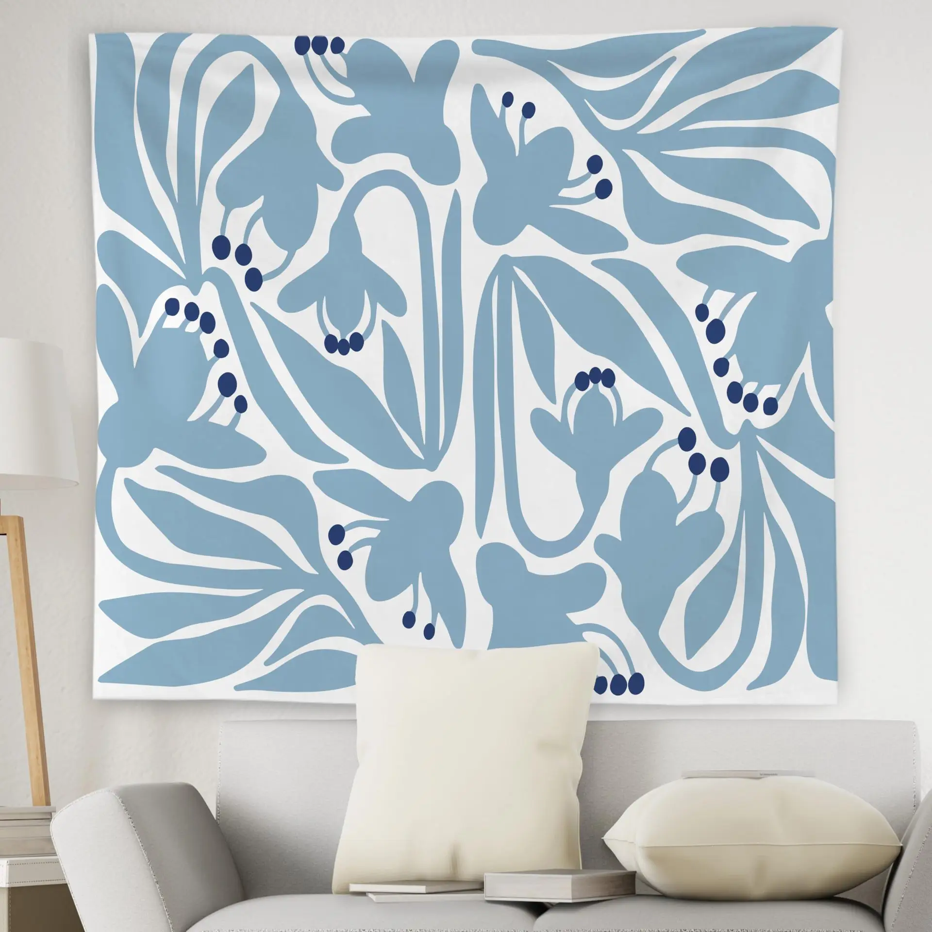 ผ้าตกแต่งผนังลายดอกไม้สีน้ำเงินสไตล์โบฮีเมียน ของตกแต่งบ้าน ห้องนั่งเล่น ห้องนอน ของขวัญสำหรับเพื่อน 1