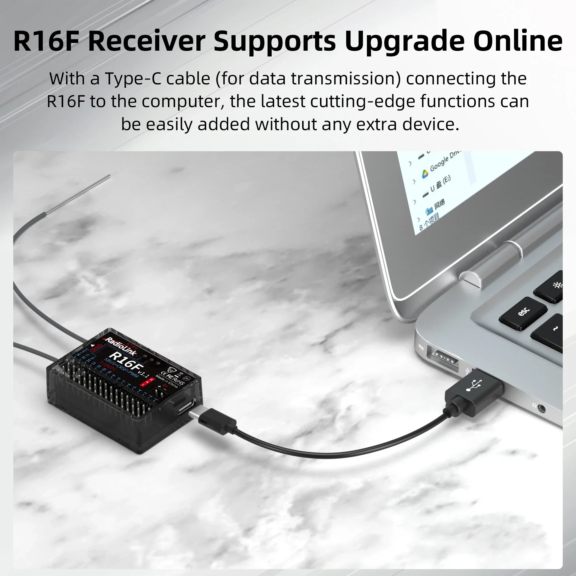 Récepteur Radiolink R16F avec simulateur intégré, câbles de servos connectés en démonstration