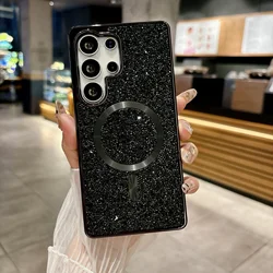 Luxury Bling Diamond Plating Phone Case with Wireless Charging and Magnetic Glitter Finish - Galaxy S25+ (Black)
