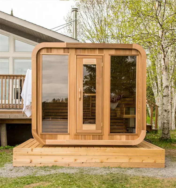 Canadian red cedar outdoor cube sauna room with front porch traditional wood fired sauna cabin house