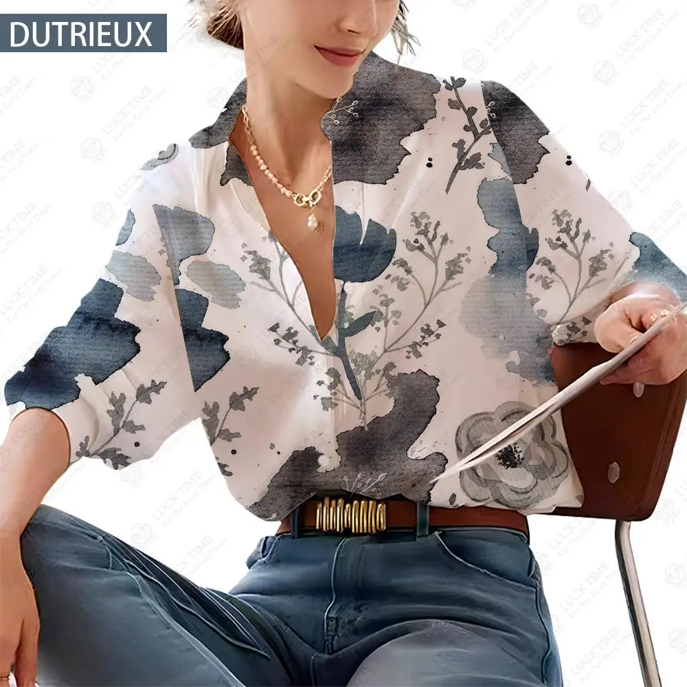 

Print Long Sleeve Shirt All Season Office Printed Loose Female Shirts Hand-Painted England Style Slight Strech Regular Full 3D